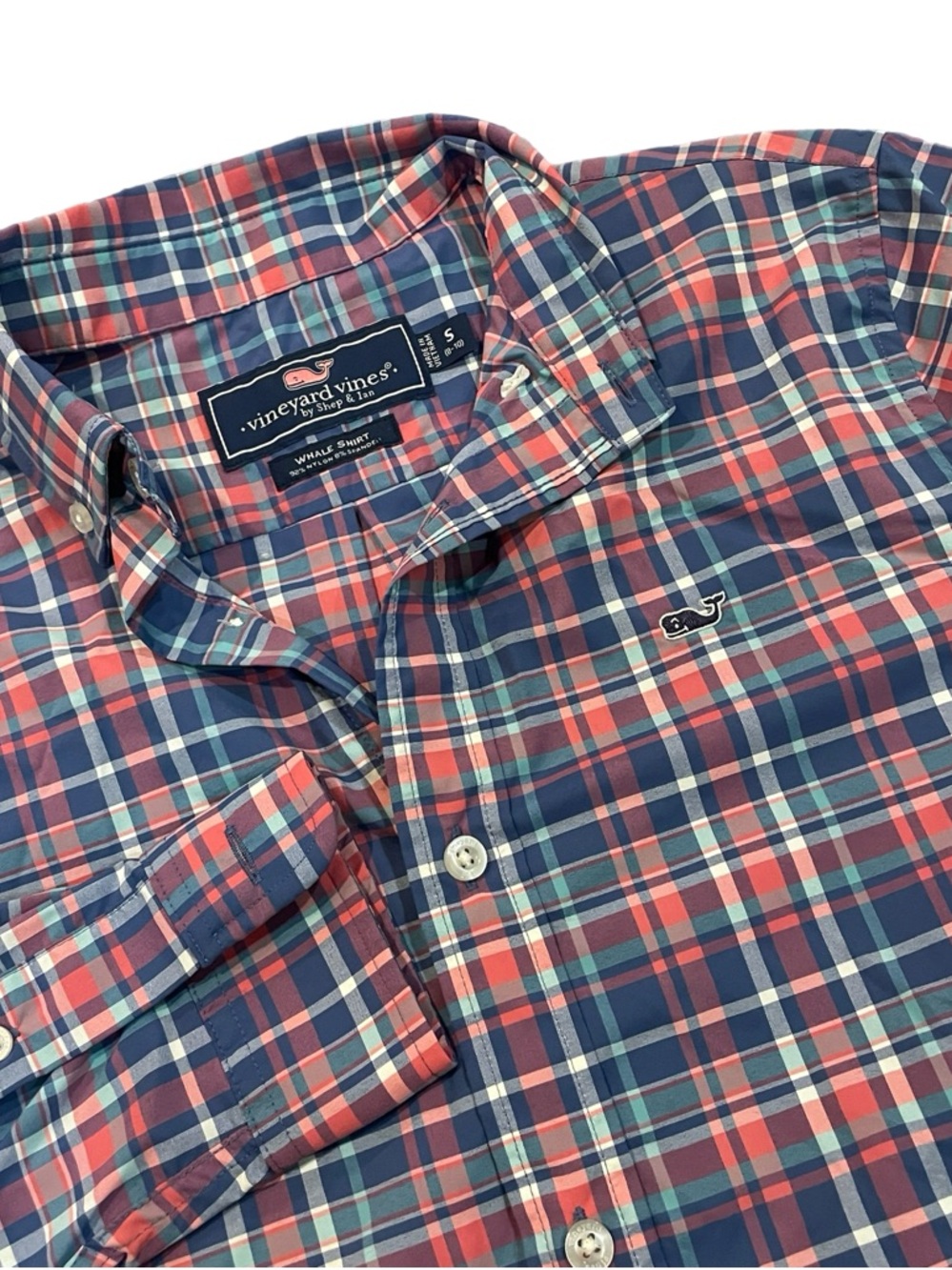 Vineyard Vines Boys Performance Whale Shirt Button Down LS Red Blue Plaid S 8-10